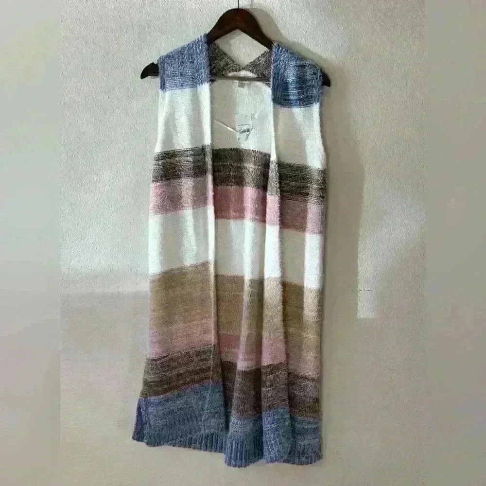 Cato Women’s Sz‎ M Rainbow Faded Colorblock Open Knit Longline Cardigan Vest